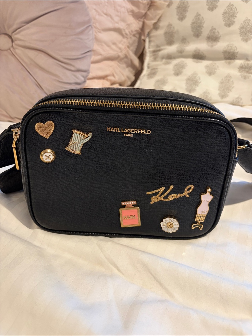 Karl Lagerfeld Black Crossbody Camera Bag with Gold & Pink Charm Accents
